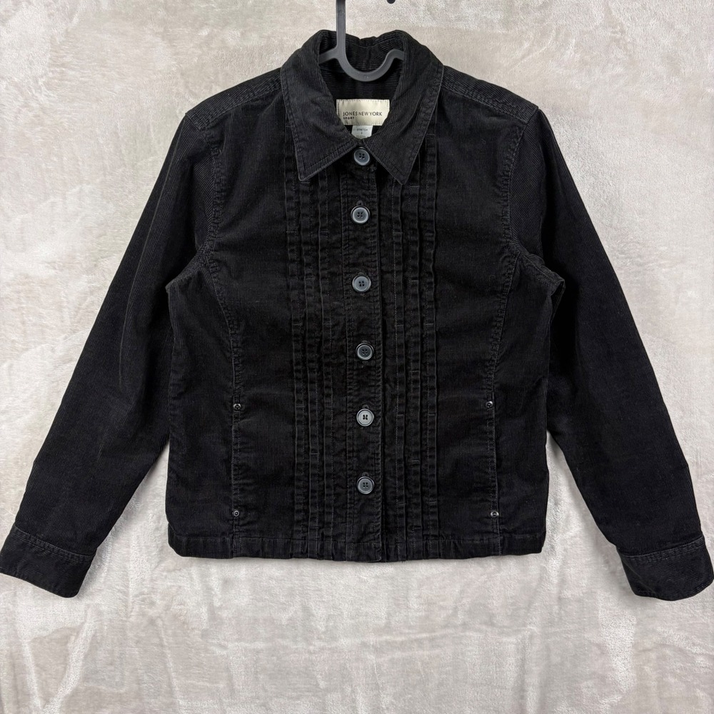 Jones New York Sport Womens S Black Corduroy Pintuck Button Front Jacket